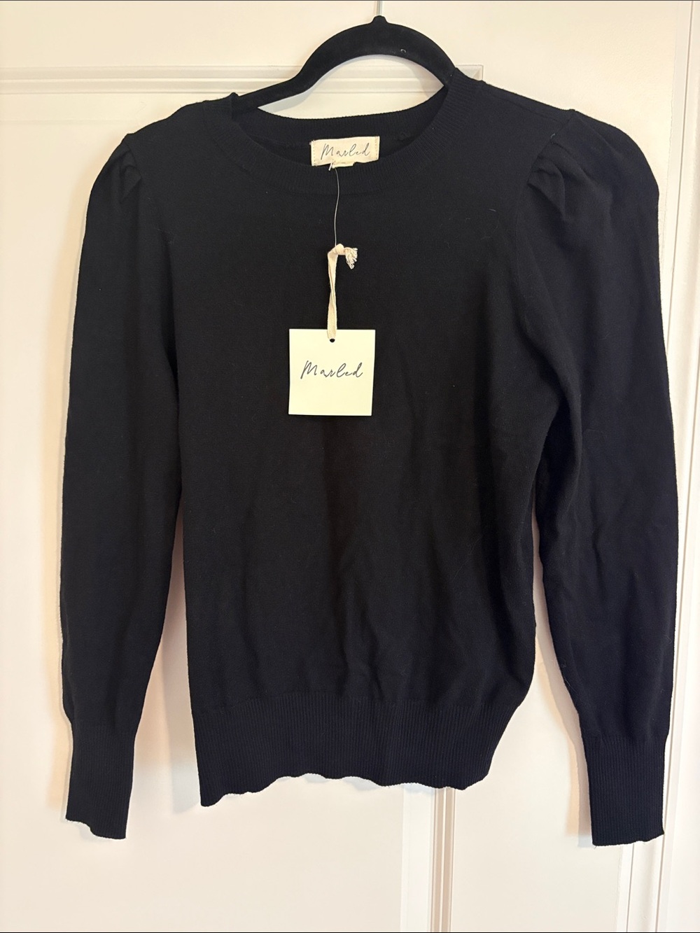 Marled Black Puff-Sleeve Crewneck Pullover